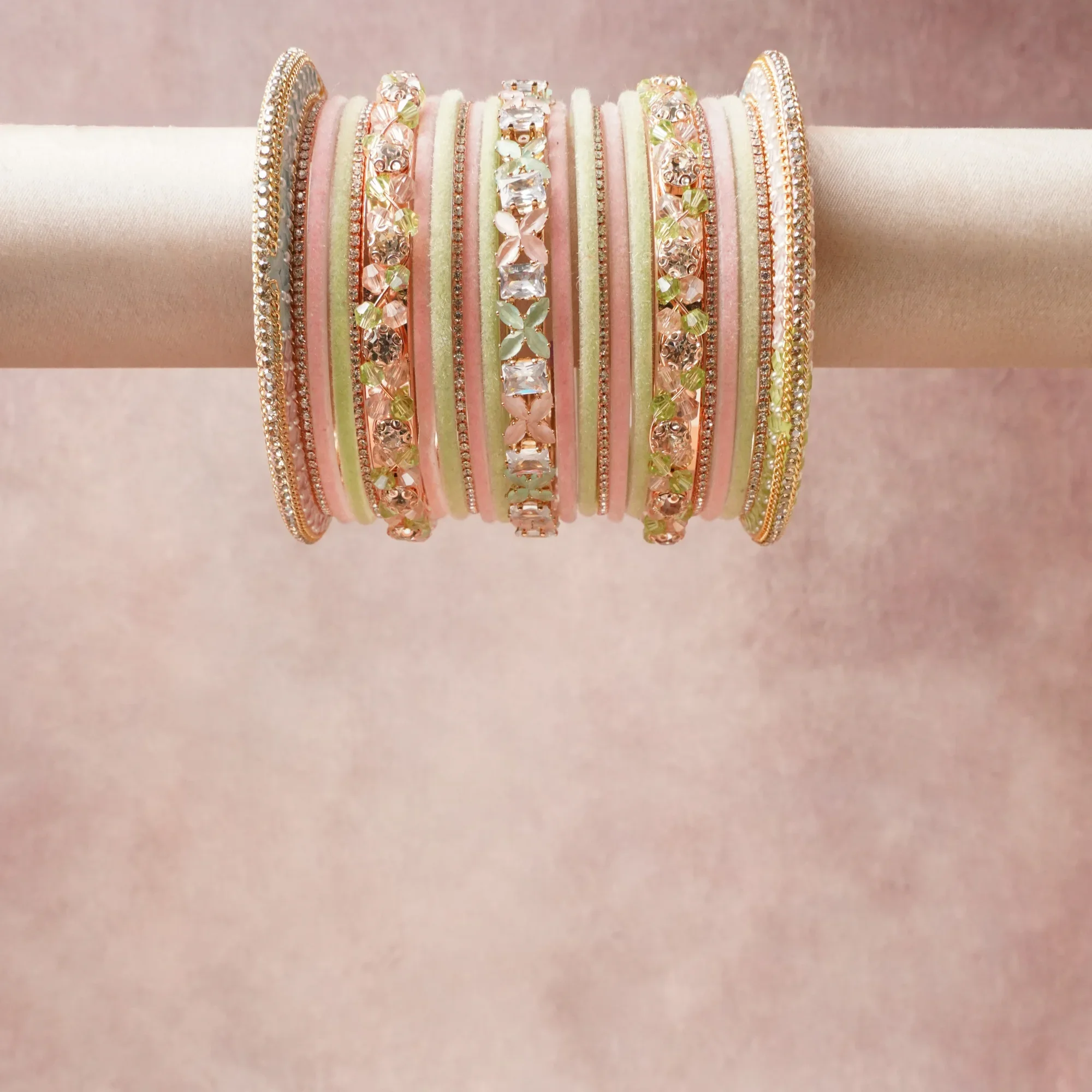 The Bare Edit Jewellery beyond simple. A bare edit colour Dusty Rose set, complemented by Clear Crystal, Pale Pink Crystal, Light Green Crystal, Champagne Gold, featuring Rose Gold-Toned Metal Alloy, Velvet Fabric, Rhinestone Crystals, Glass Seed Beads. A treat for the eyes, hands and heart- absolutely unforgettable.